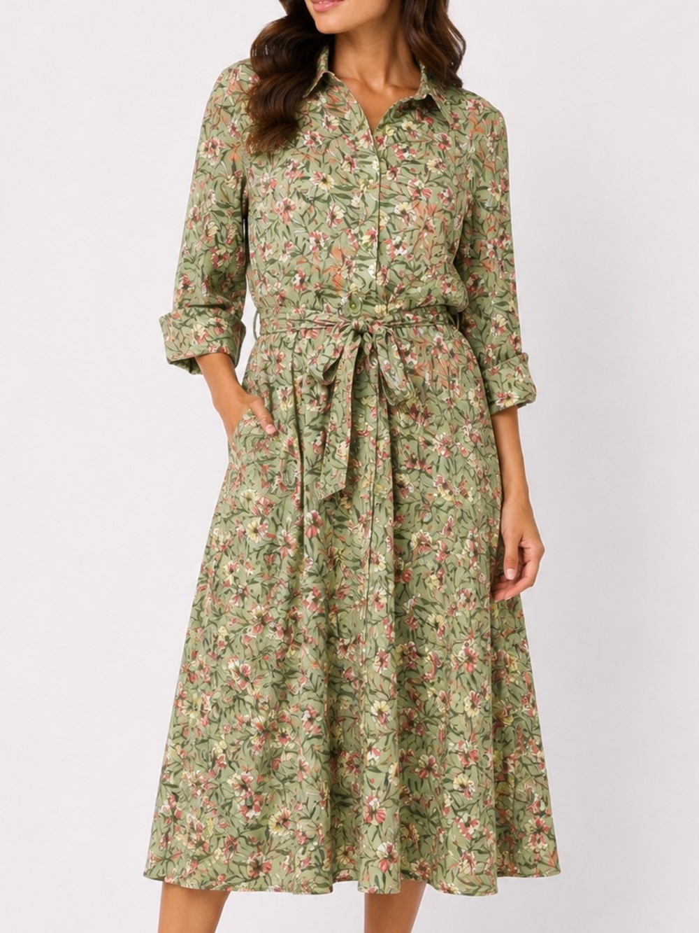 Appleseed's Midi Shirt Dress featured allover olive green floral pattern xl